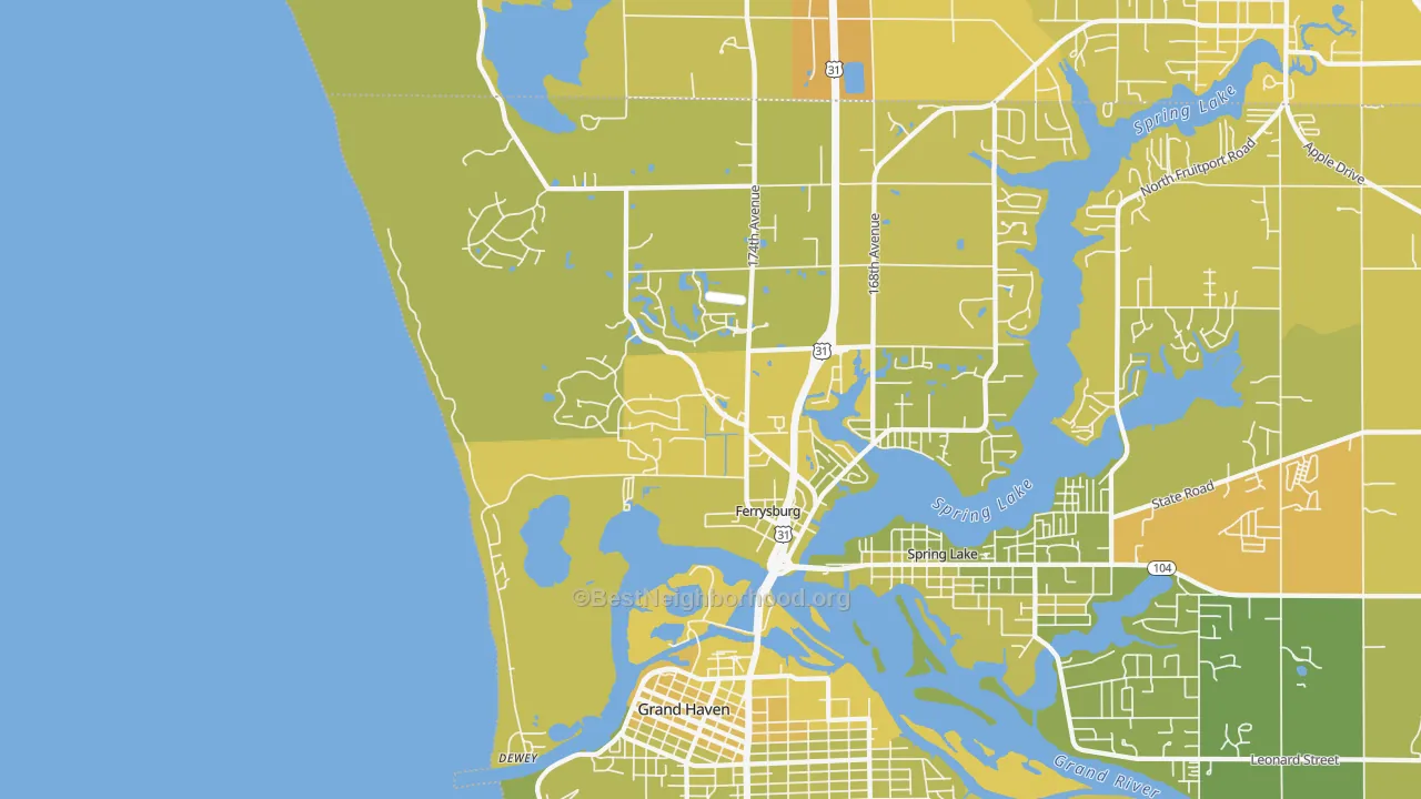 Map of the best neighborhoods in the Ferrysburg area, with better matches in green and worse matches in red