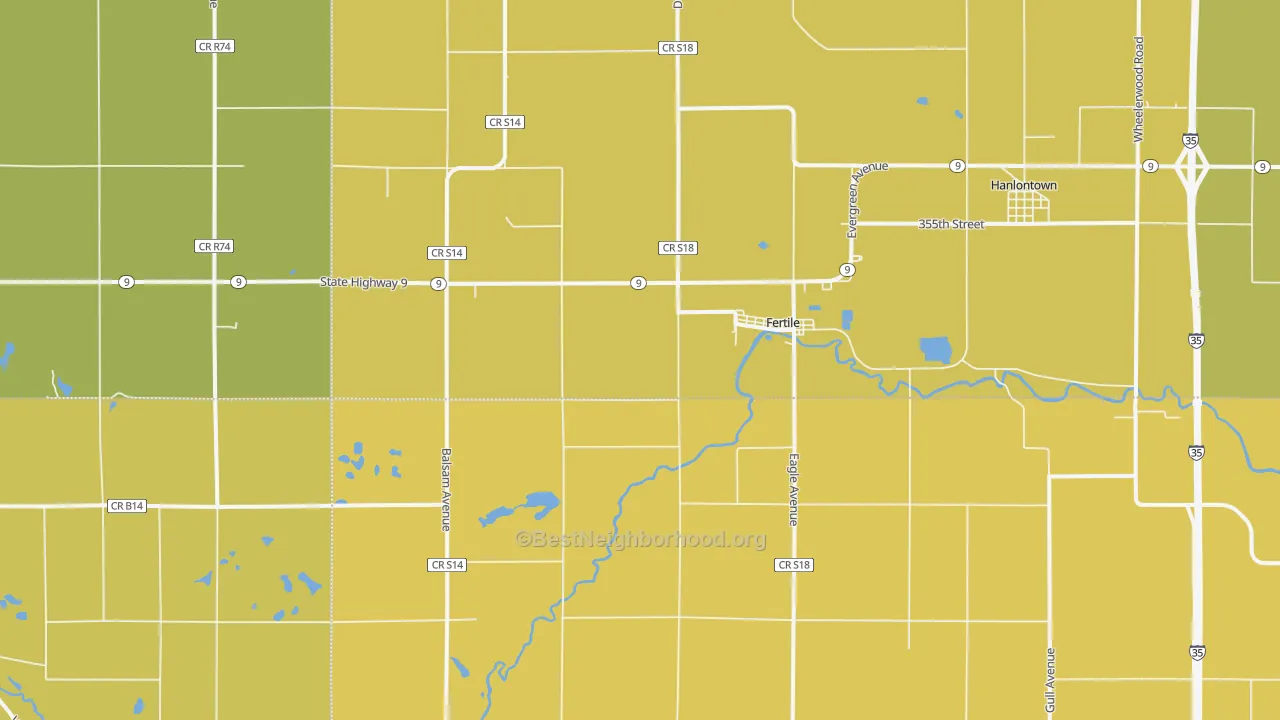 Map of the best neighborhoods in the Fertile area, with better matches in green and worse matches in red