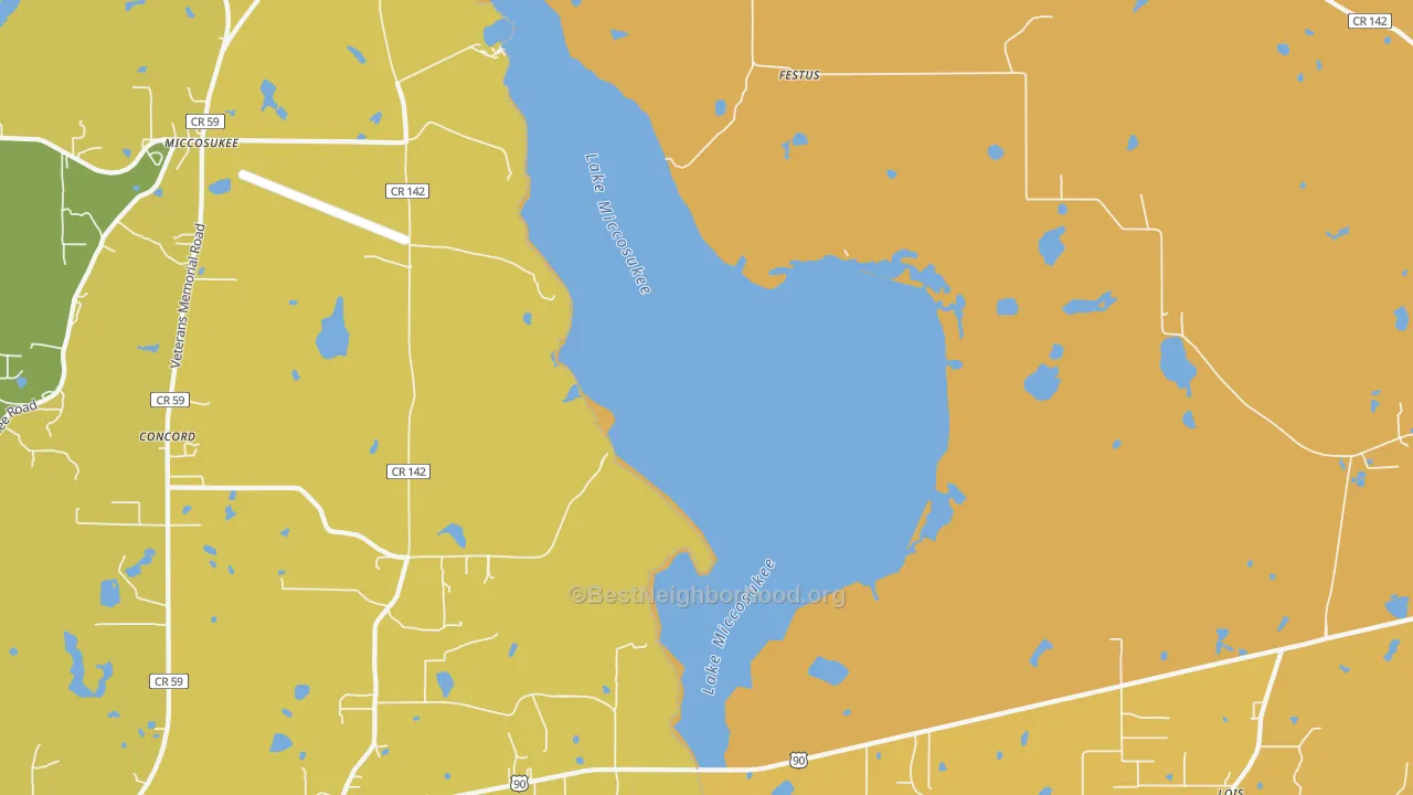 Map of the best neighborhoods in the Festus area, with better matches in green and worse matches in red