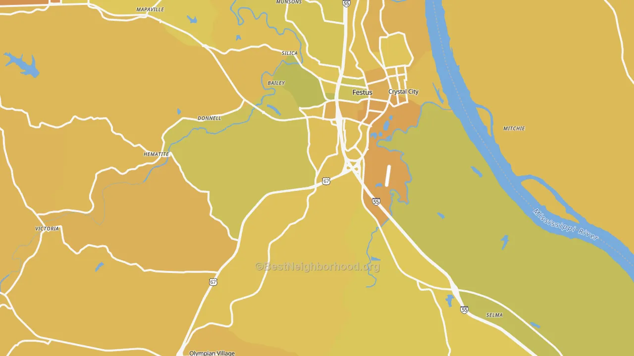 Map of the best neighborhoods in the Festus area, with better matches in green and worse matches in red