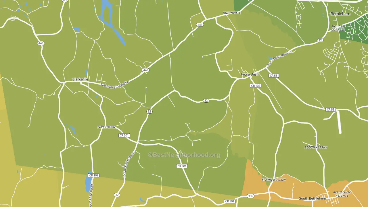 Map of the best neighborhoods in the Feura Bush area, with better matches in green and worse matches in red