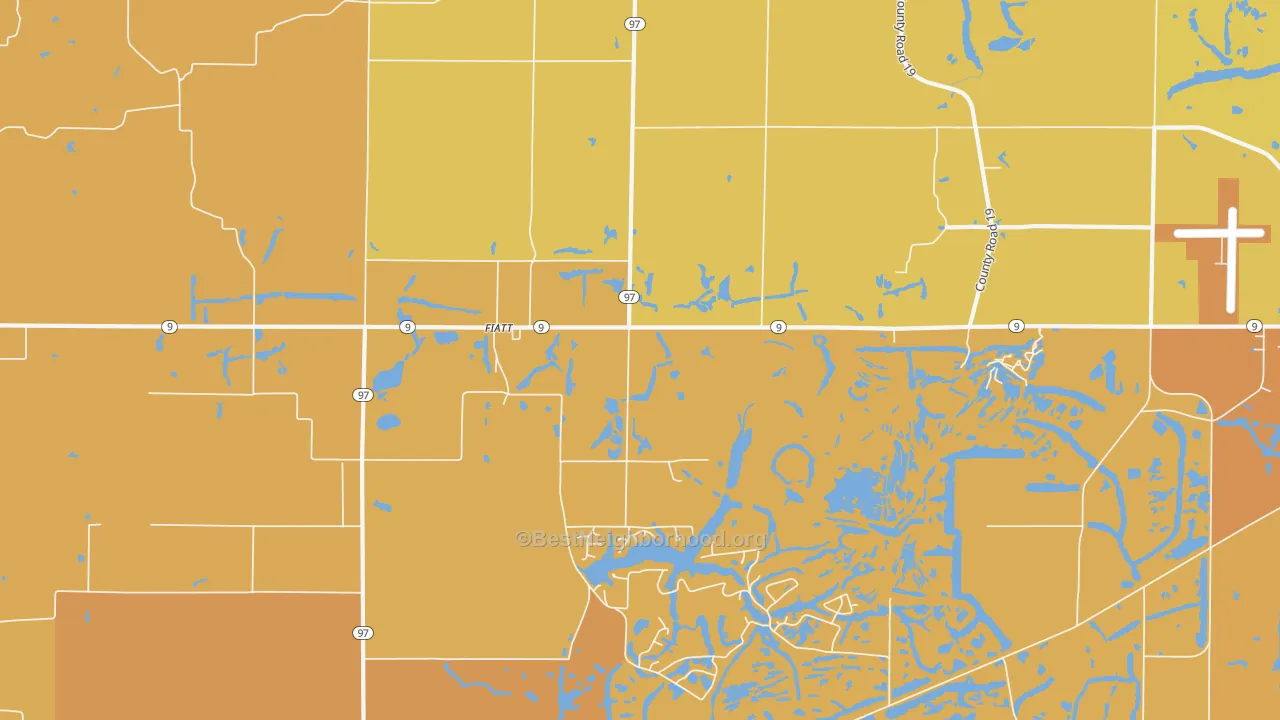 Map of the best neighborhoods in the Fiatt area, with better matches in green and worse matches in red