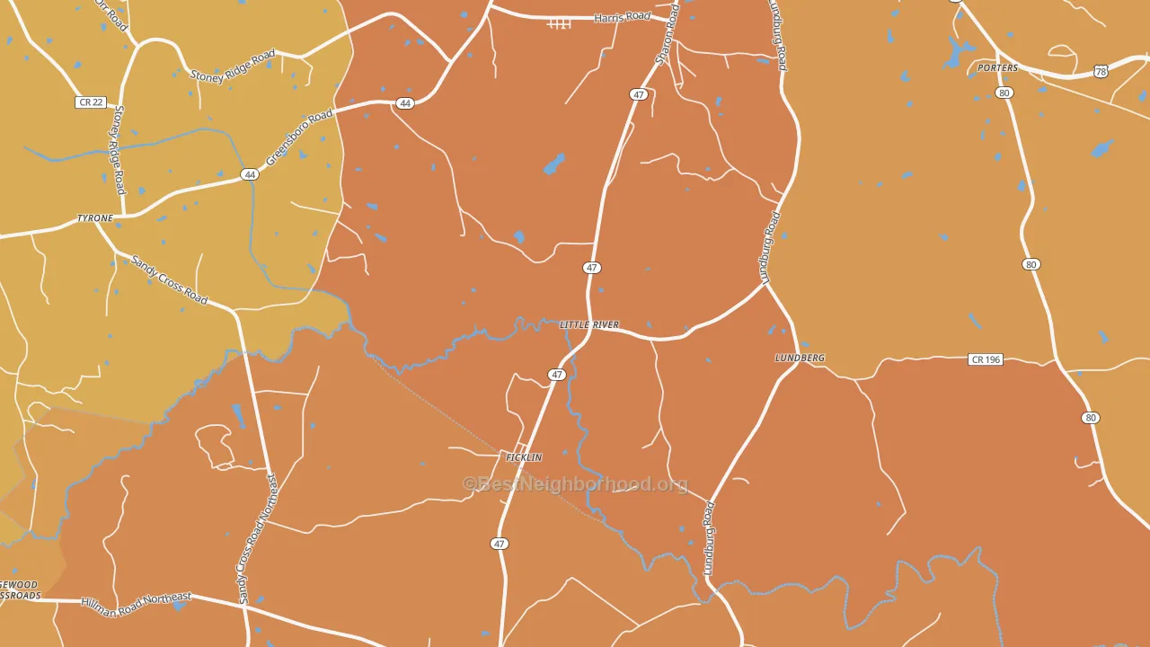 Map of the best neighborhoods in the Ficklin area, with better matches in green and worse matches in red