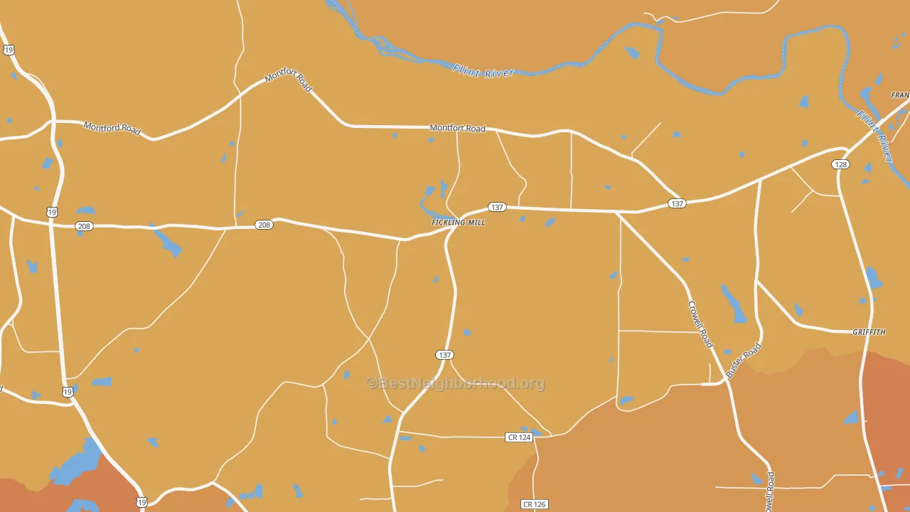 Map of the best neighborhoods in the Fickling Mill area, with better matches in green and worse matches in red