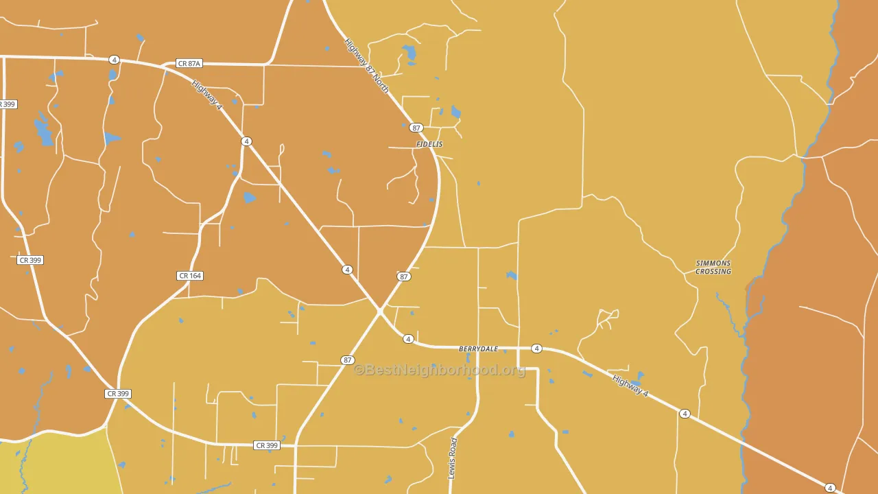 Map of the best neighborhoods in the Fidelis area, with better matches in green and worse matches in red