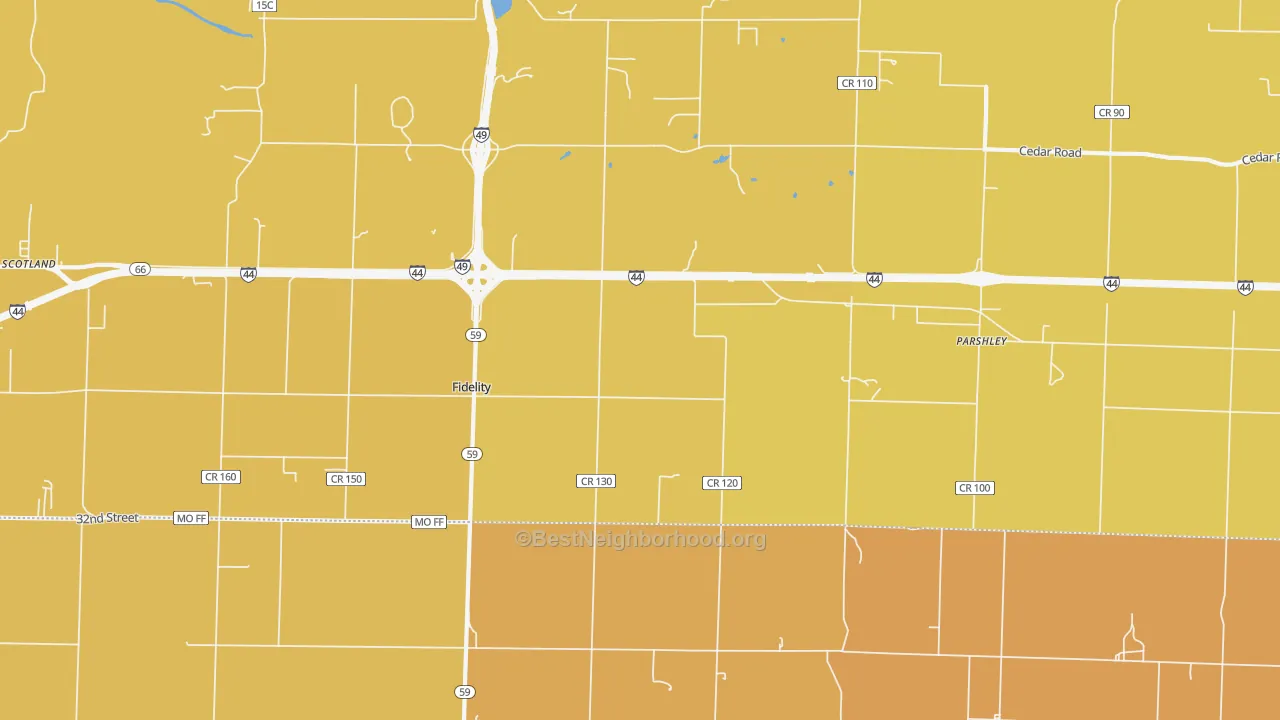 Map of the best neighborhoods in the Fidelity area, with better matches in green and worse matches in red
