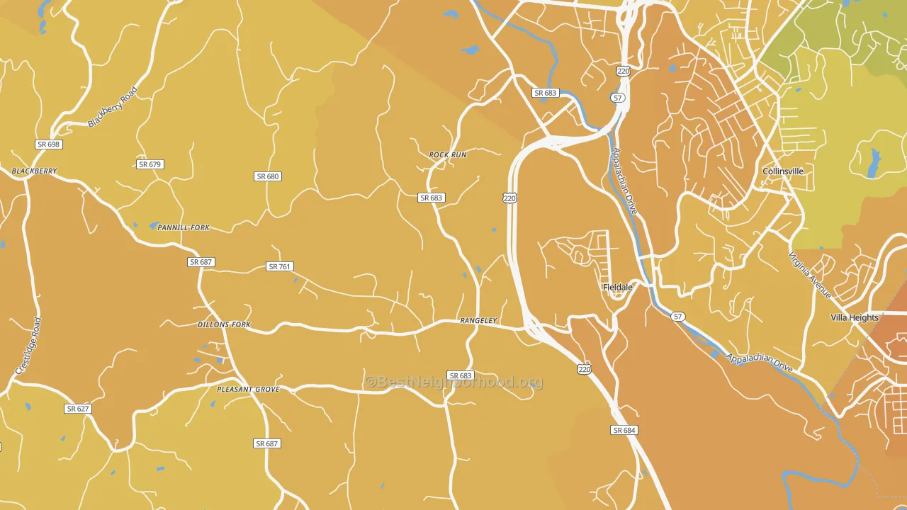 Map of the best neighborhoods in the Fieldale area, with better matches in green and worse matches in red