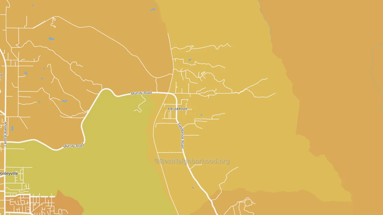 Map of the best neighborhoods in the Fieldbrook area, with better matches in green and worse matches in red