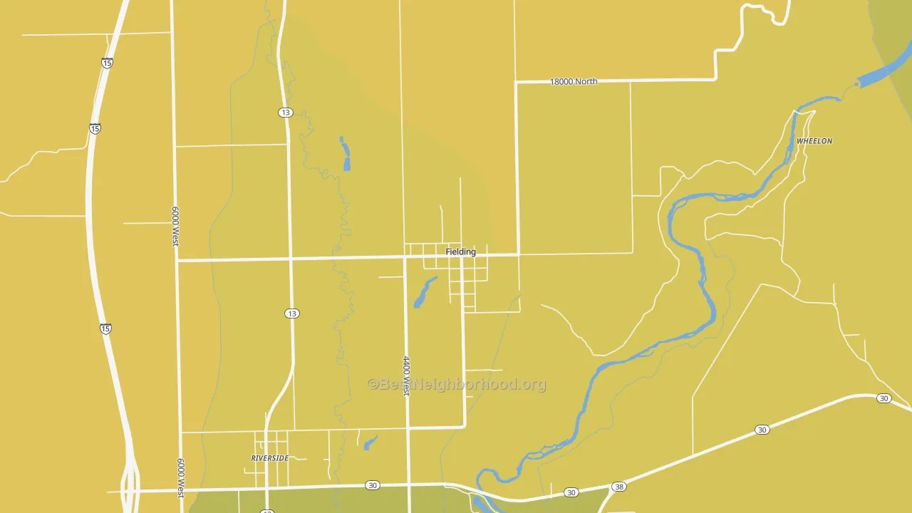 Map of the best neighborhoods in the Fielding area, with better matches in green and worse matches in red