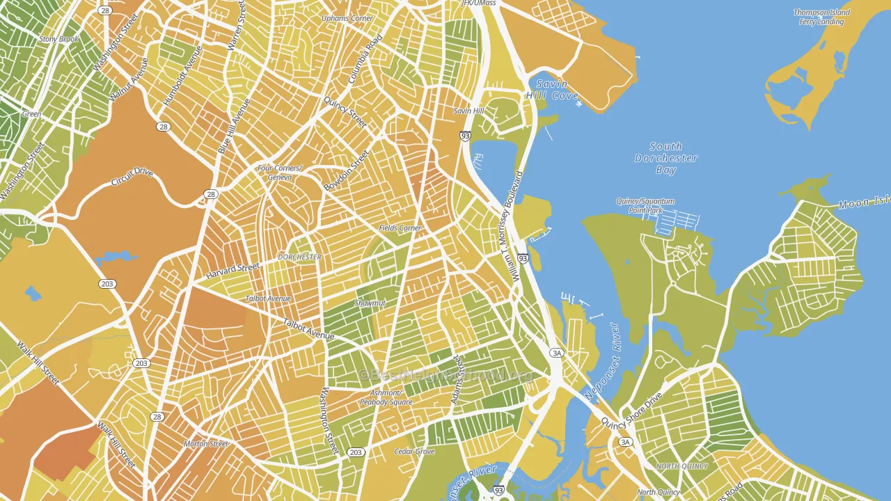 Map of the best neighborhoods in the Fields Corner, Boston area, with better matches in green and worse matches in red