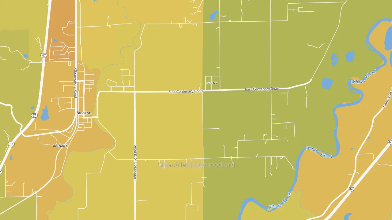 Map of the best neighborhoods in the Fields area, with better matches in green and worse matches in red