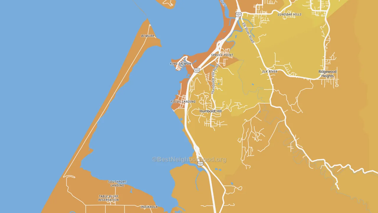 Map of the best neighborhoods in the Fields Landing area, with better matches in green and worse matches in red