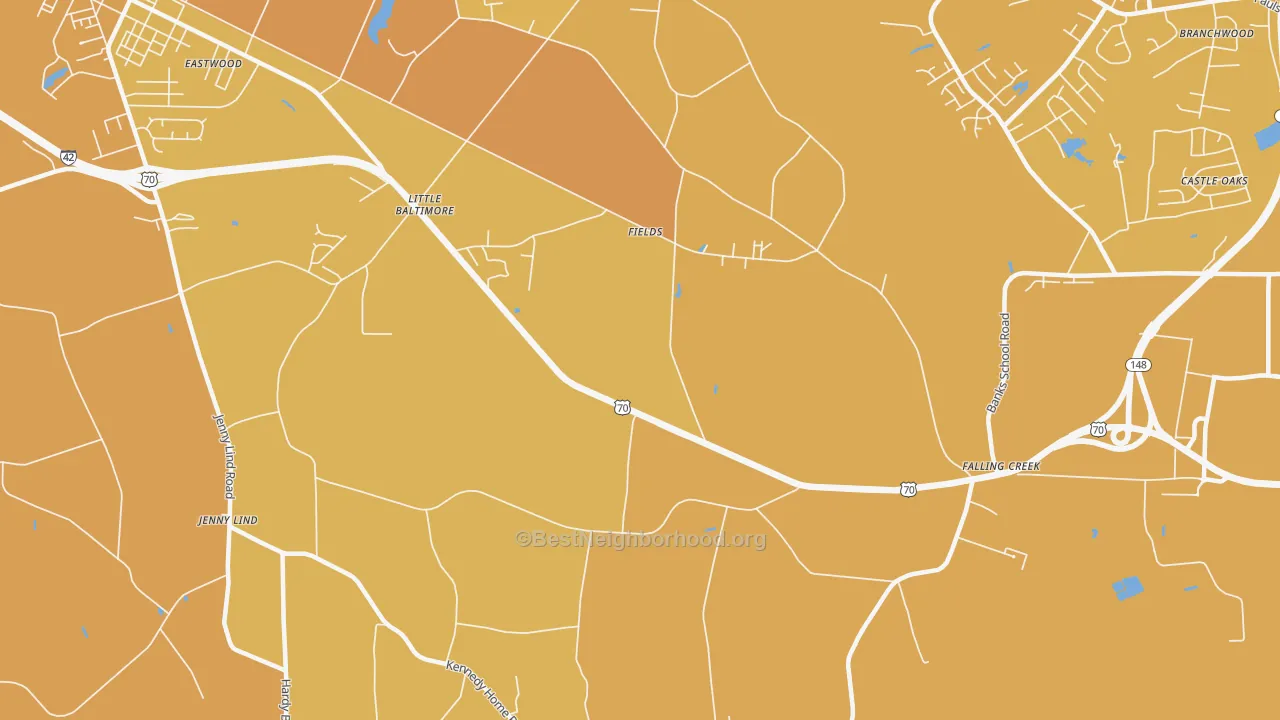 Map of the best neighborhoods in the Fields area, with better matches in green and worse matches in red