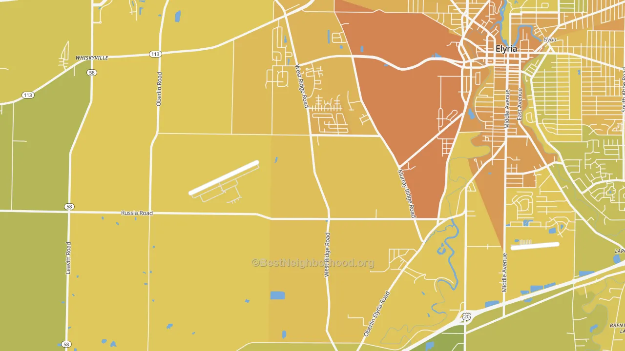 Map of the best neighborhoods in the Fields area, with better matches in green and worse matches in red