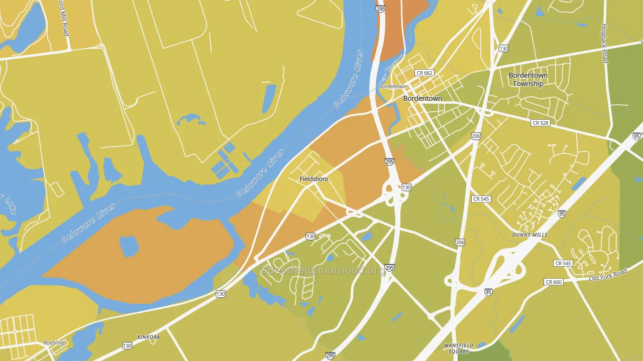 Map of the best neighborhoods in the Fieldsboro area, with better matches in green and worse matches in red