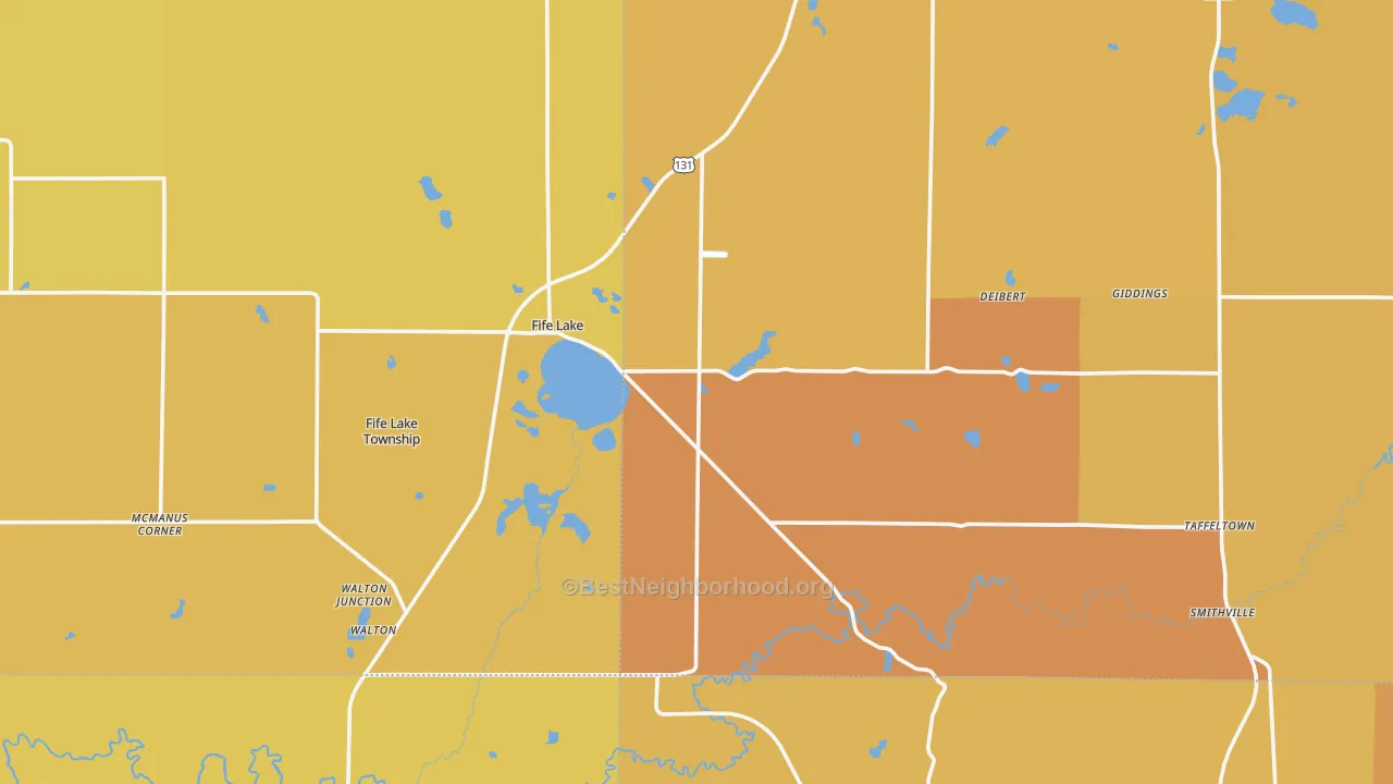 Map of the best neighborhoods in the Fife Lake area, with better matches in green and worse matches in red
