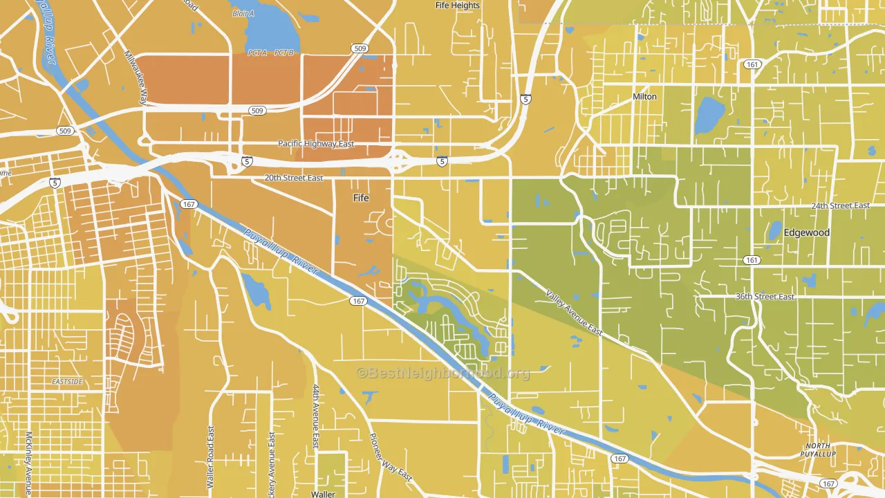 Map of the best neighborhoods in the Fife area, with better matches in green and worse matches in red