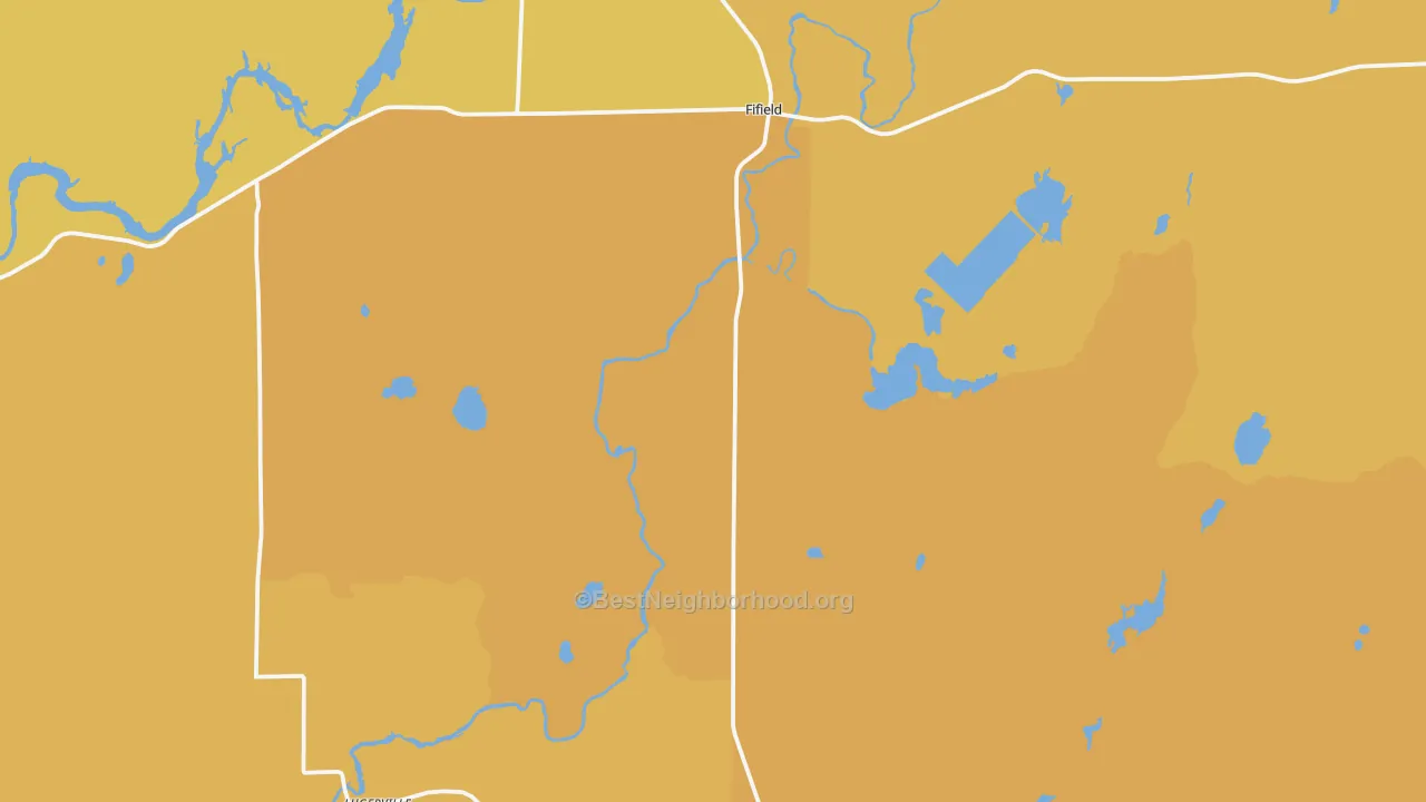 Map of the best neighborhoods in the Fifield area, with better matches in green and worse matches in red