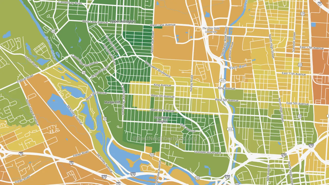 Map of the best neighborhoods in the Fifth by Northwest, Columbus area, with better matches in green and worse matches in red