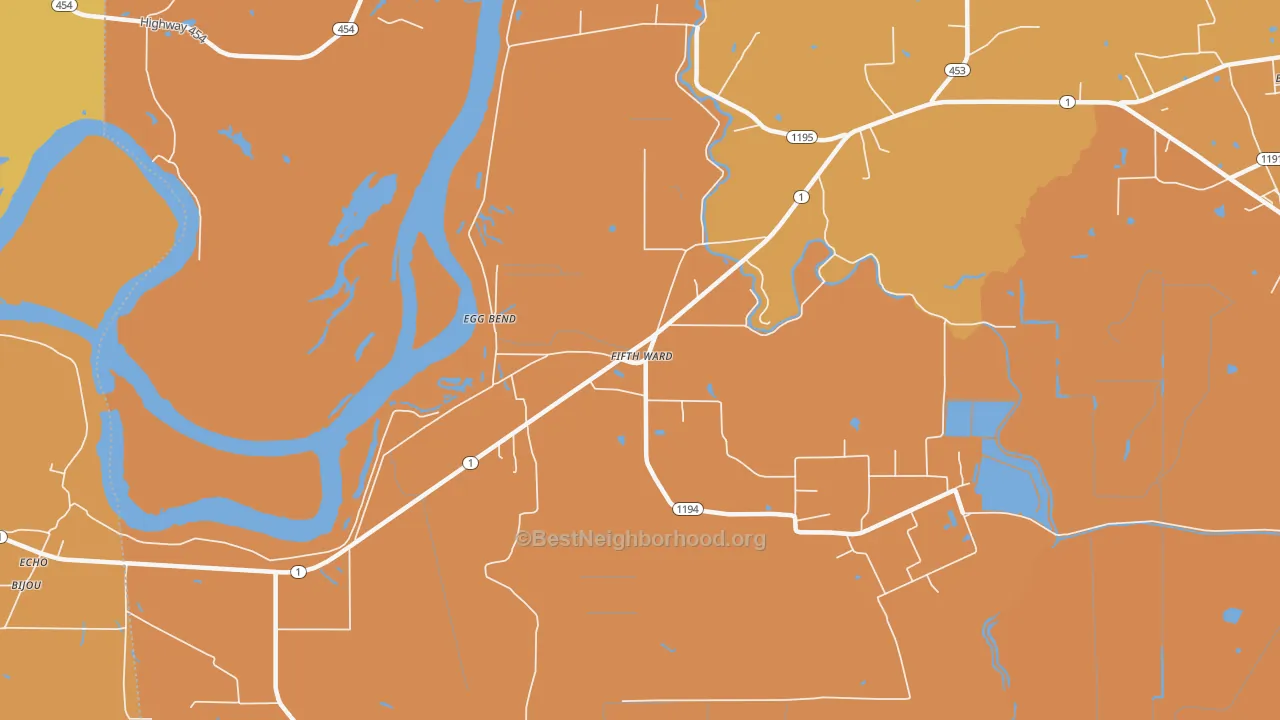 Map of the best neighborhoods in the Fifth Ward area, with better matches in green and worse matches in red