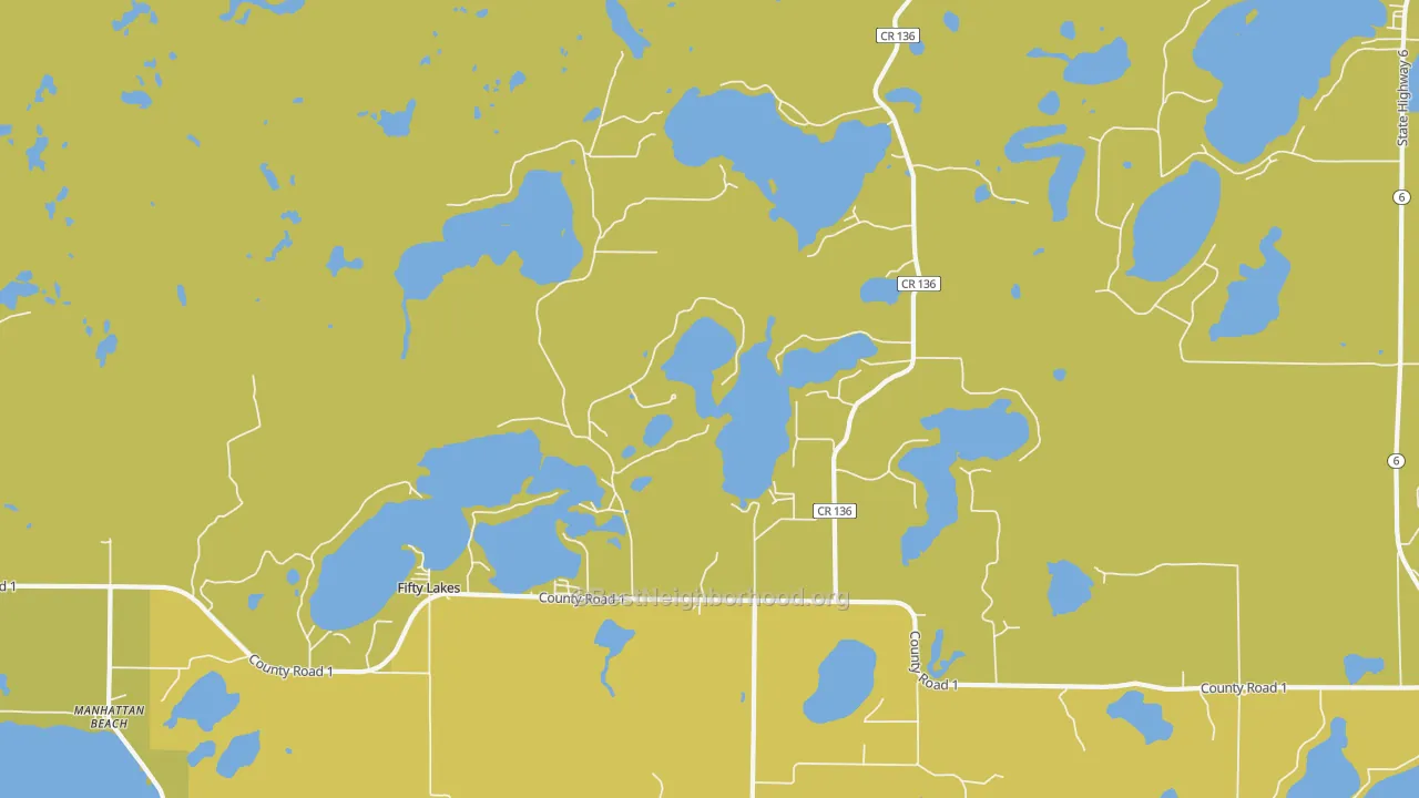 Map of the best neighborhoods in the Fifty Lakes area, with better matches in green and worse matches in red