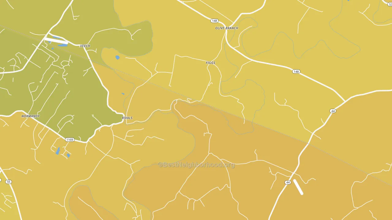 Map of the best neighborhoods in the Figg area, with better matches in green and worse matches in red