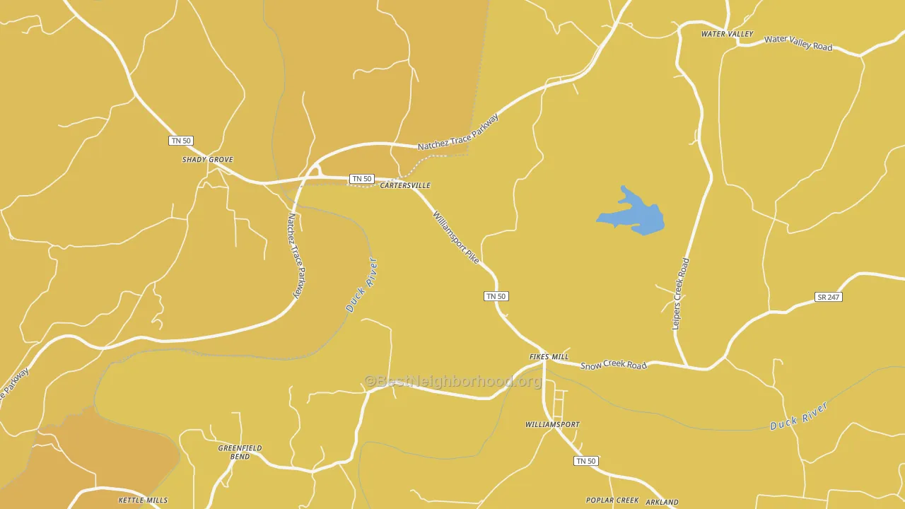 Map of the best neighborhoods in the Fikes Mill area, with better matches in green and worse matches in red