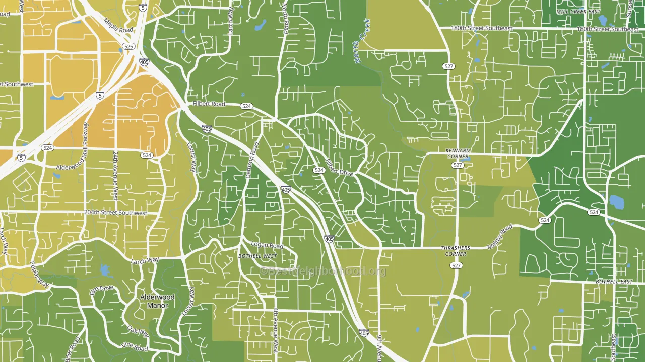 Map of the best neighborhoods in the Filbert-Winesap, Bothell West area, with better matches in green and worse matches in red