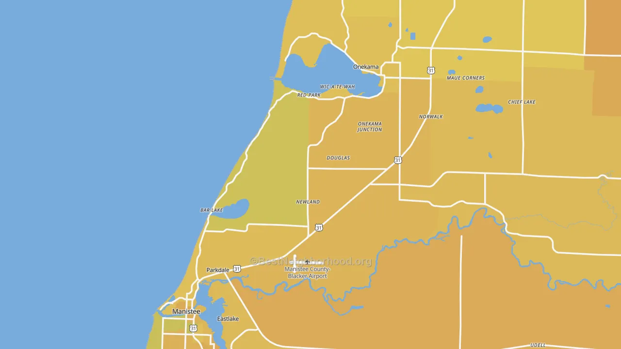 Map of the best neighborhoods in the Filer City area, with better matches in green and worse matches in red