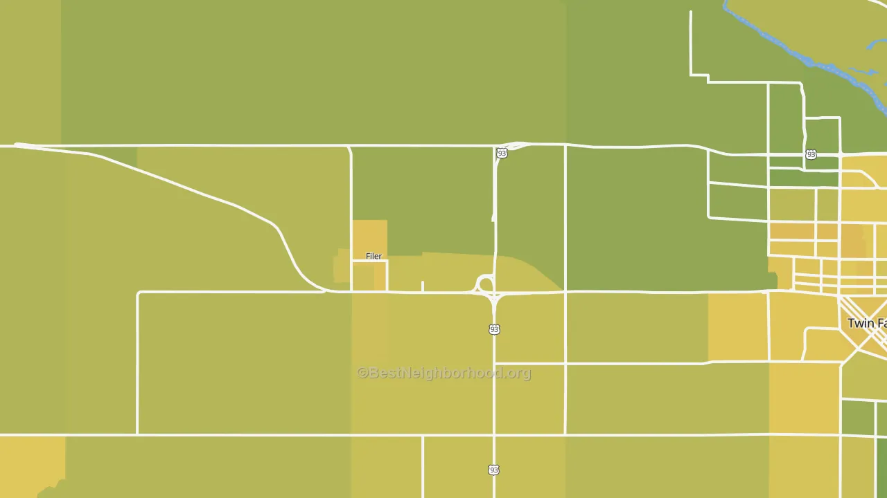 Map of the best neighborhoods in the Filer area, with better matches in green and worse matches in red