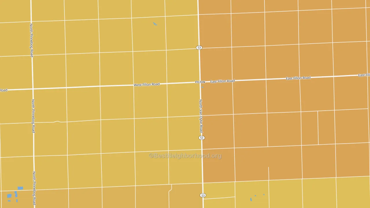 Map of the best neighborhoods in the Filion area, with better matches in green and worse matches in red