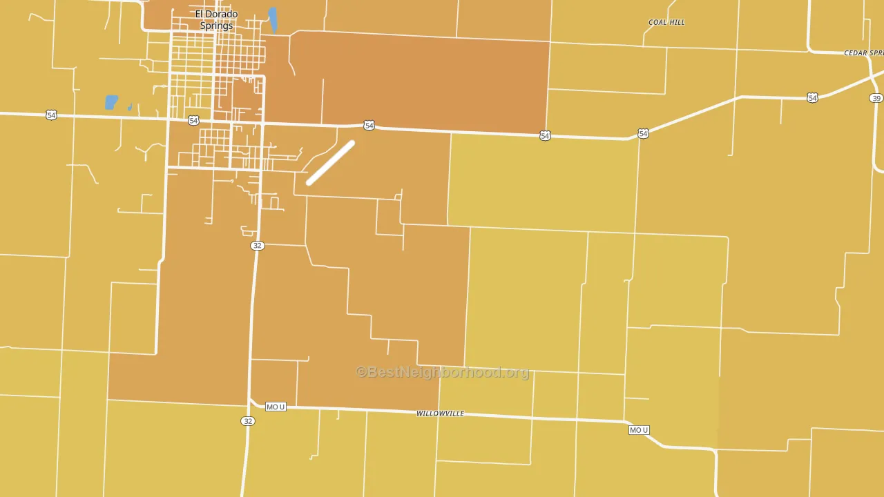 Map of the best neighborhoods in the Filley area, with better matches in green and worse matches in red
