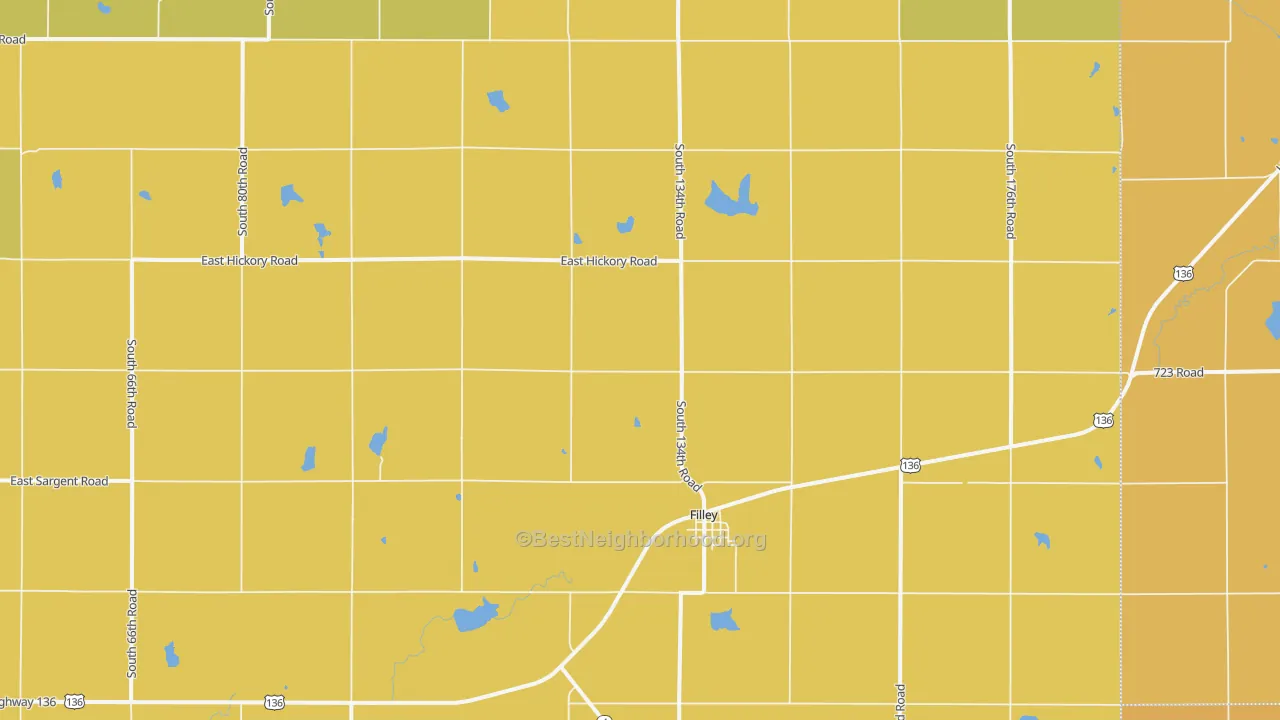 Map of the best neighborhoods in the Filley area, with better matches in green and worse matches in red