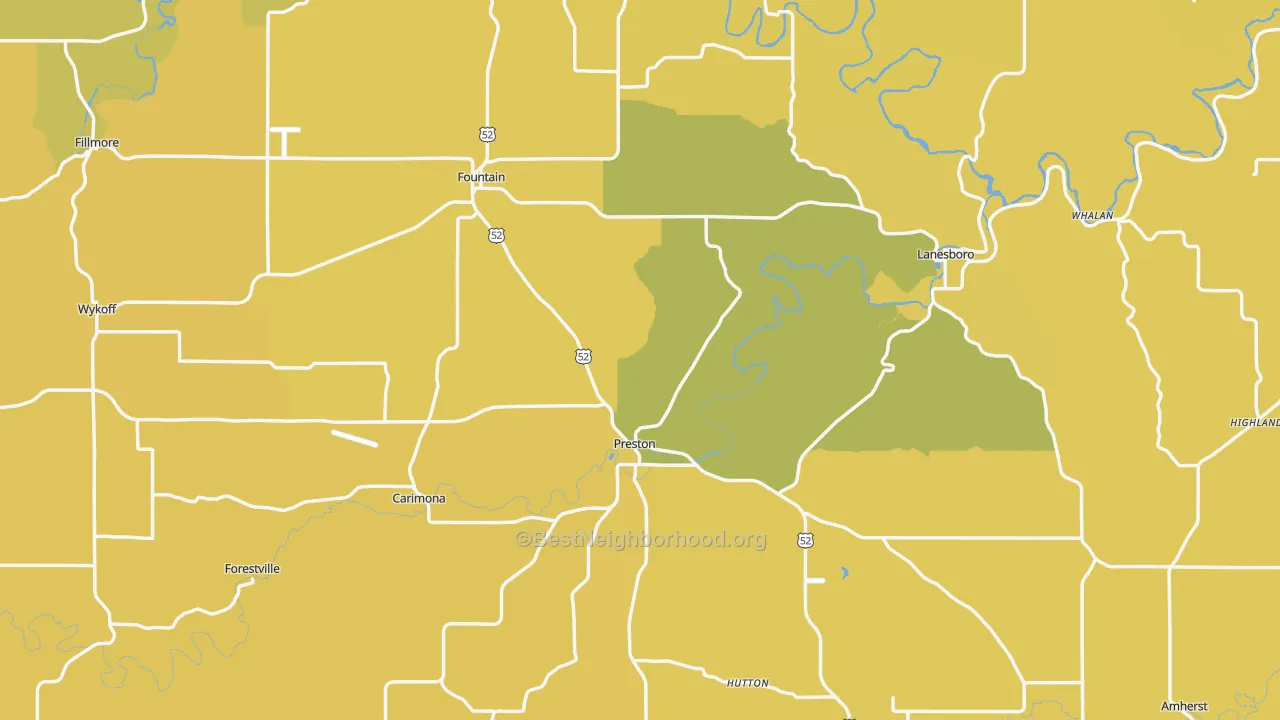 Map of the best neighborhoods in the Fillmore County area, with better matches in green and worse matches in red