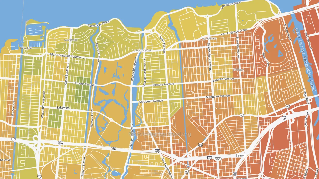 Map of the best neighborhoods in the Fillmore, New Orleans area, with better matches in green and worse matches in red