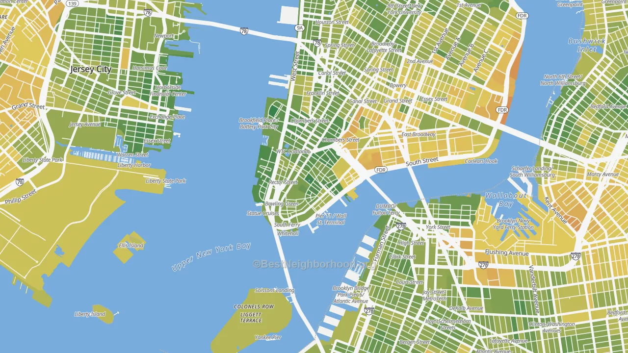 Map of the best neighborhoods in the Financial District, Manhattan area, with better matches in green and worse matches in red