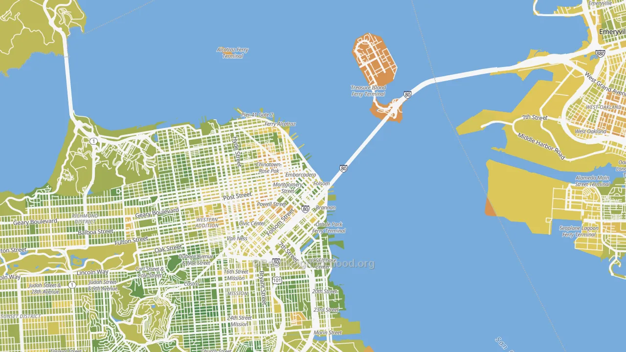 Map of the best neighborhoods in the Financial District, San Francisco area, with better matches in green and worse matches in red