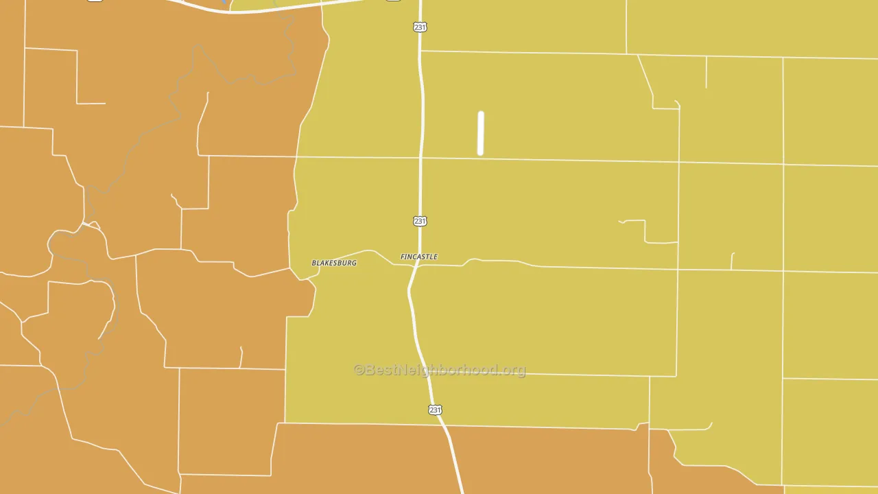 Map of the best neighborhoods in the Fincastle area, with better matches in green and worse matches in red