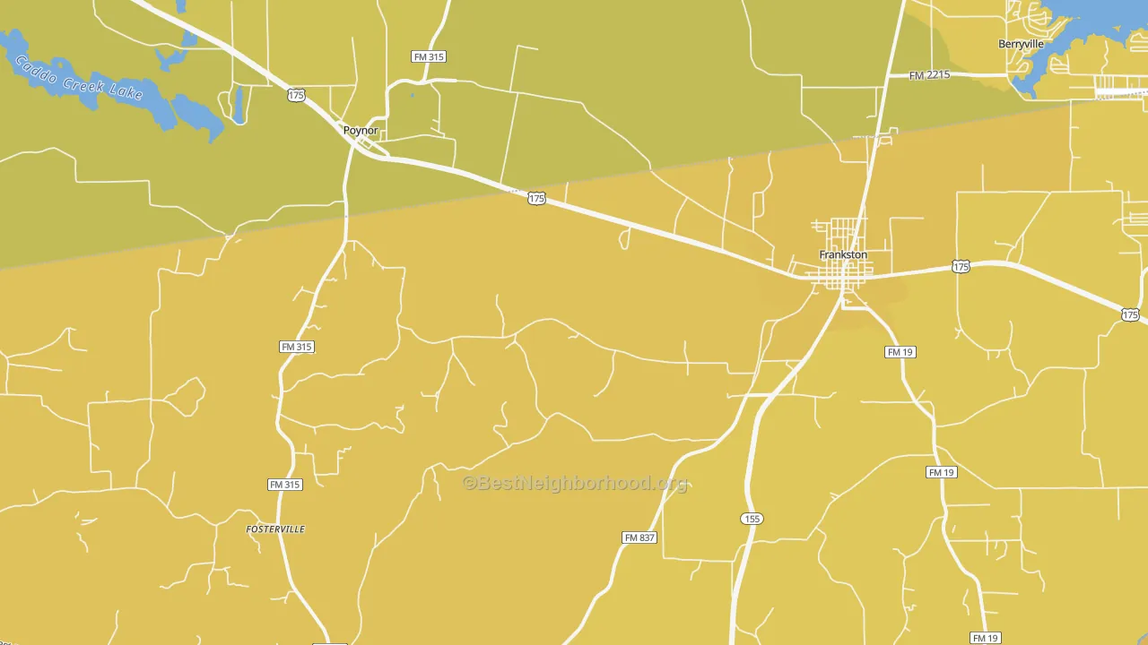 Map of the best neighborhoods in the Fincastle area, with better matches in green and worse matches in red