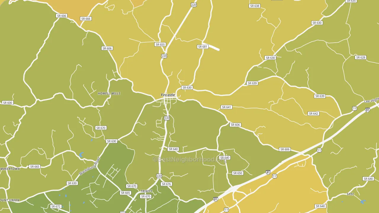 Map of the best neighborhoods in the Fincastle area, with better matches in green and worse matches in red