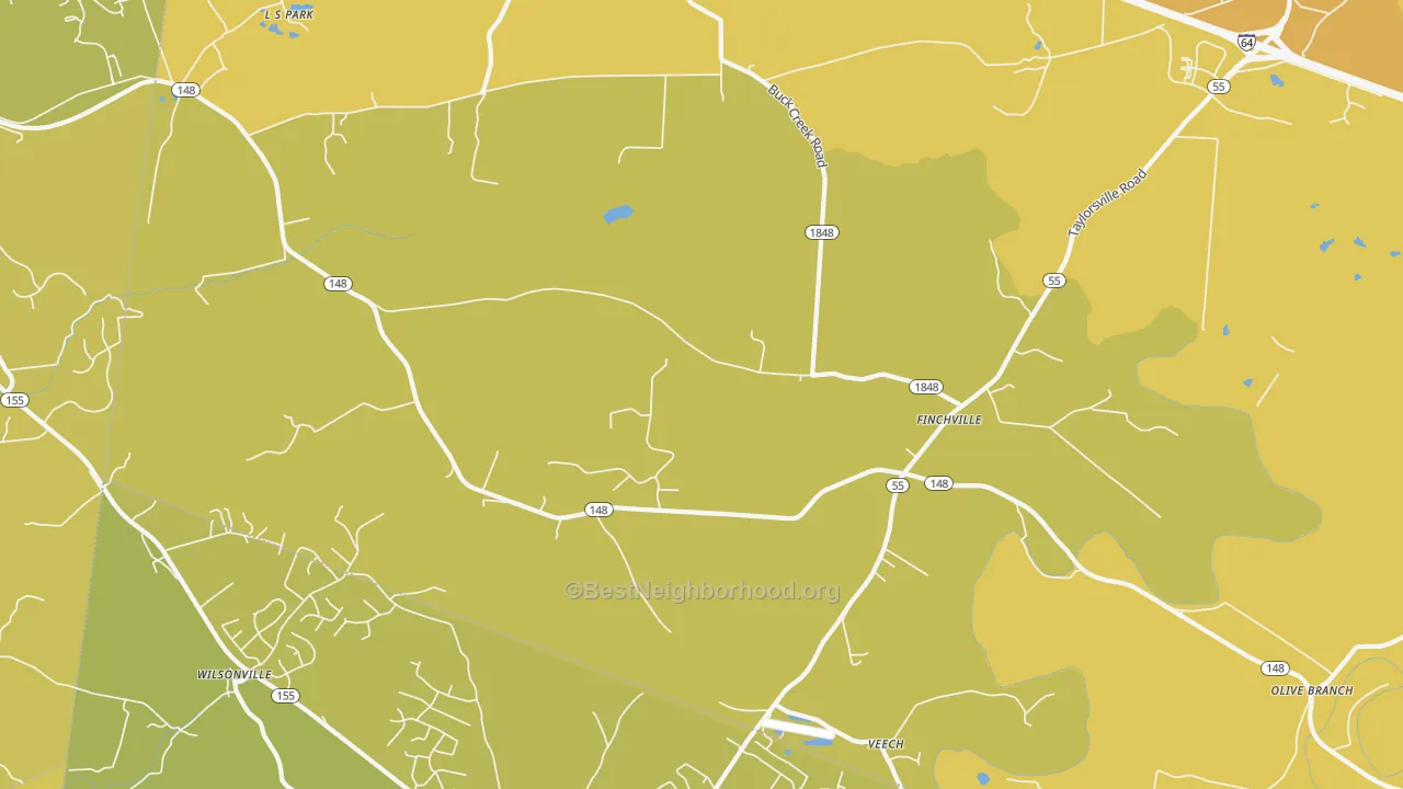 Map of the best neighborhoods in the Finchville area, with better matches in green and worse matches in red
