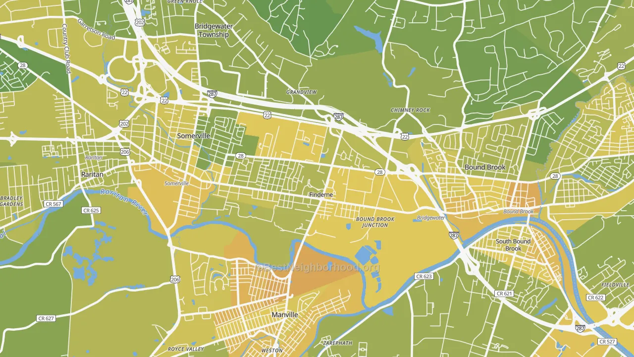 Map of the best neighborhoods in the Finderne area, with better matches in green and worse matches in red