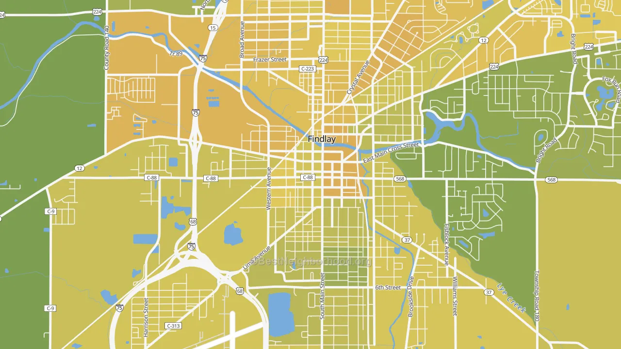 Map of the best neighborhoods in the Findlay Downtown Historic District, Findlay area, with better matches in green and worse matches in red