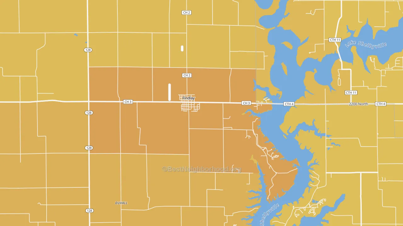 Map of the best neighborhoods in the Findlay area, with better matches in green and worse matches in red