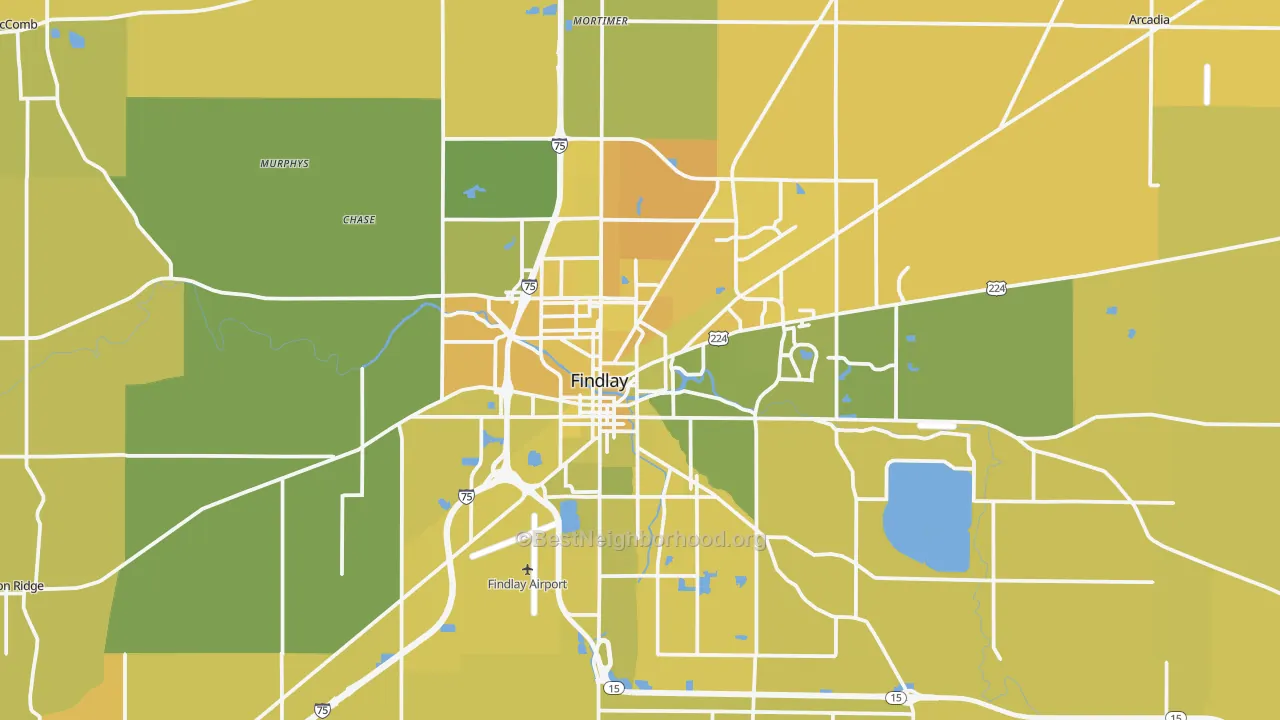 Map of the best neighborhoods in the Findlay area, with better matches in green and worse matches in red
