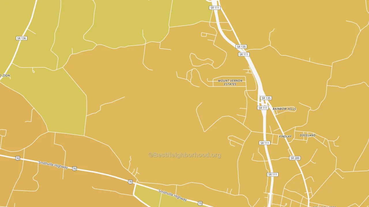 Map of the best neighborhoods in the Findlay area, with better matches in green and worse matches in red