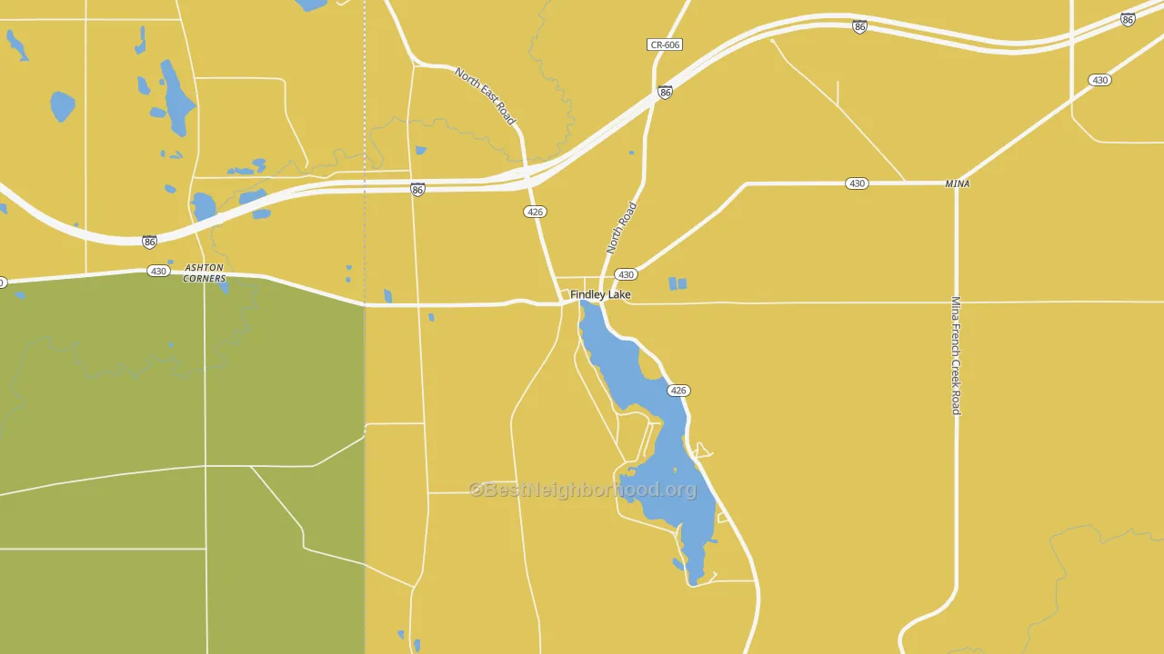Map of the best neighborhoods in the Findley Lake area, with better matches in green and worse matches in red