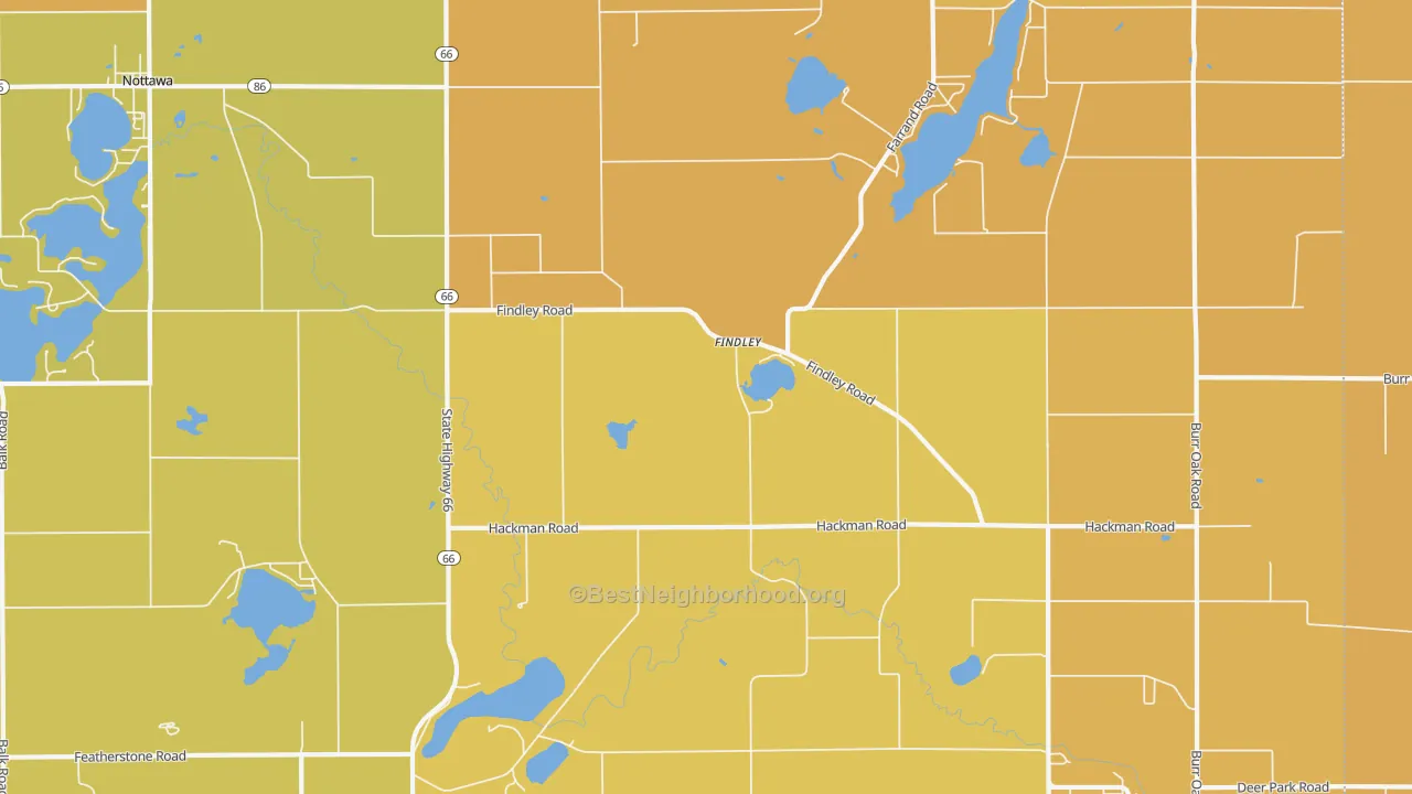 Map of the best neighborhoods in the Findley area, with better matches in green and worse matches in red