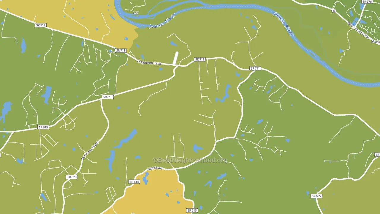 Map of the best neighborhoods in the Fine Creek Mills area, with better matches in green and worse matches in red