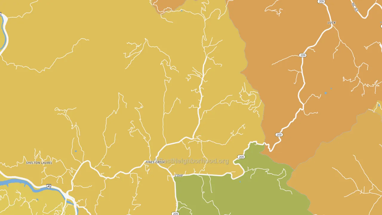 Map of the best neighborhoods in the Fines Creek area, with better matches in green and worse matches in red